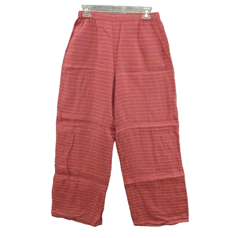 FLAX Designs Linen Pants Small Pink Pull-On Elastic Waist Plaid Made In USA New